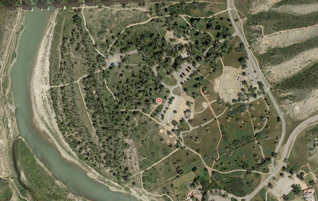 Aerial map of Indian Battle Park along the Oldman River in Lethbridge